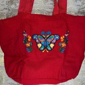 Vibrant Red Tote with Embroidered Butterfly